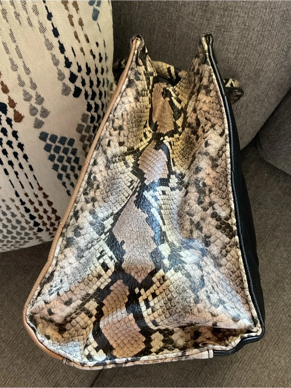 Chico’s Structured Camel and Black Tote Handbag with Snake-Print Trim NWOT